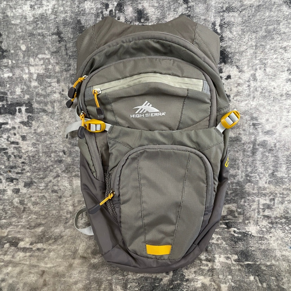 High Sierra Cragin Backpack Grey Yellow Grid Pattern Hiking Travel Daypack
